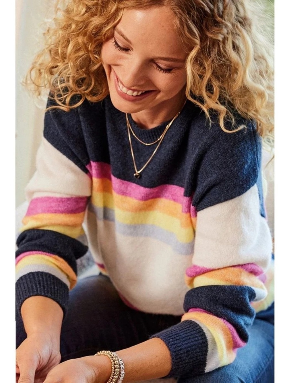 Sundry Women’s Size 1 Striped Wool Blend Sweater Rainbow Navy Crewneck